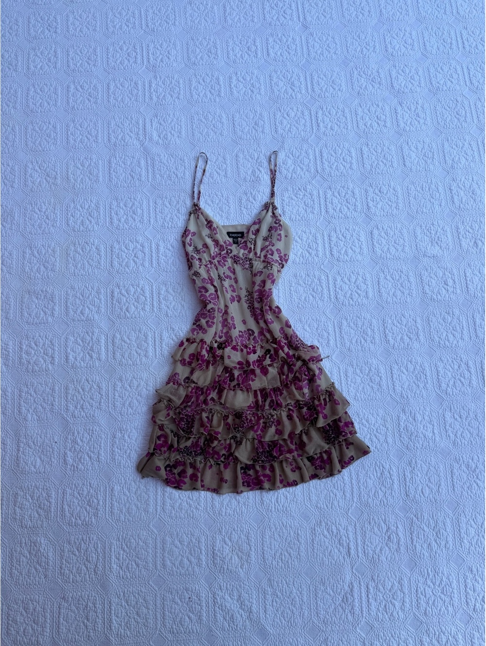 Y2K SILK 2000s Bebe Women's Beige and Purple Floral Ruffle Mini Dress Size S